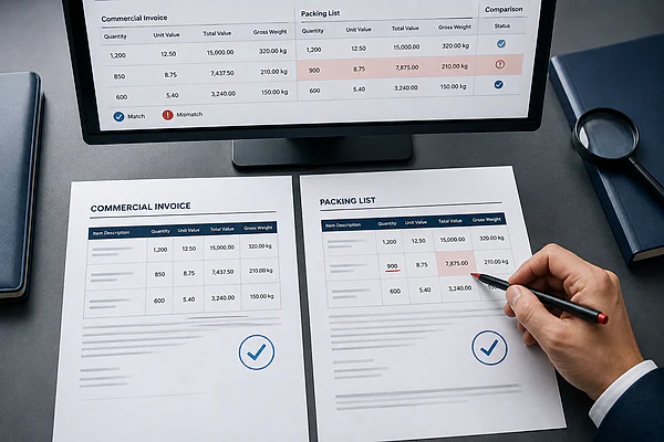 InvoiceとPacking Listの数値差異を照合する業務画面